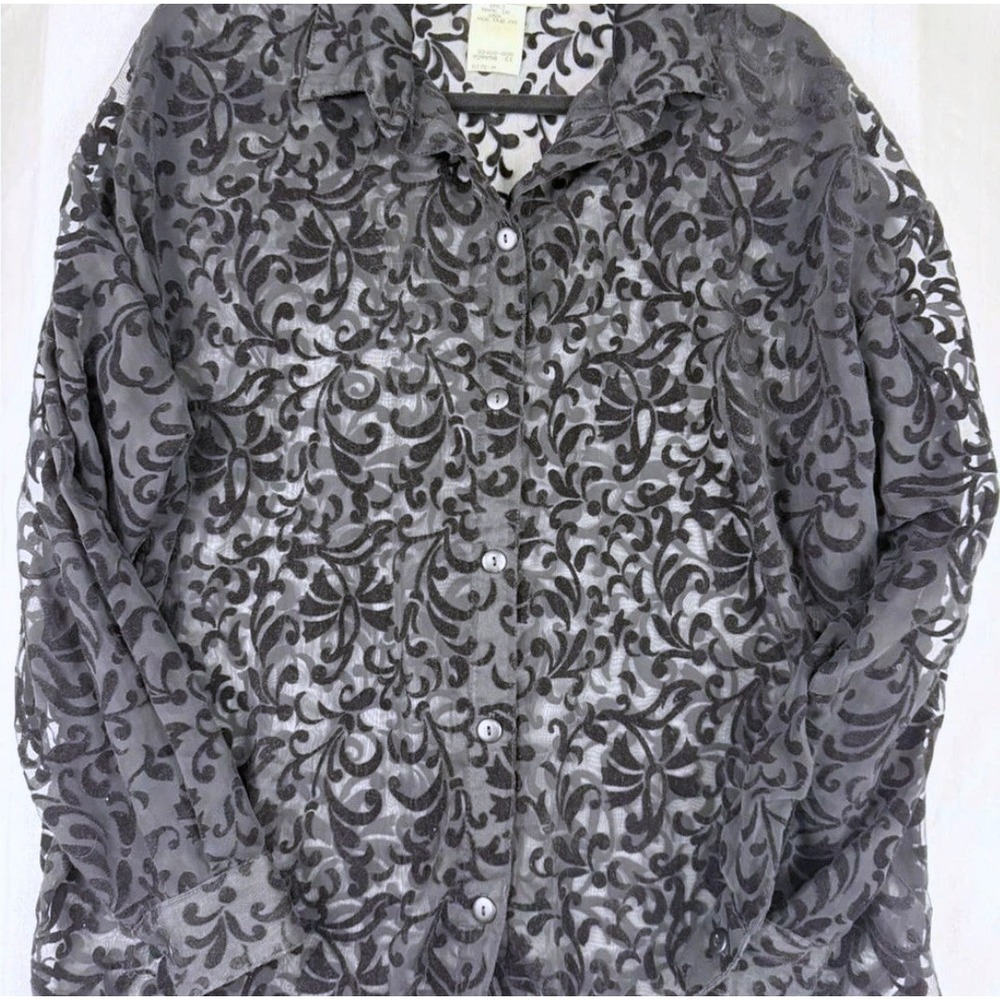 Vintage 90s Yes Clothing Co Black Burnout Velvet Scroll Button-Up Blouse Medium
